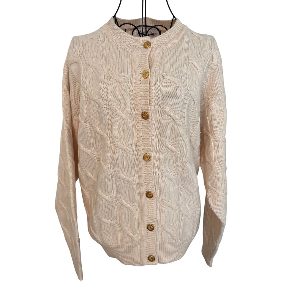 Vintage 80's Norm Thompson 100% Wool Cable Fisherman Knit Cardigan Sweater